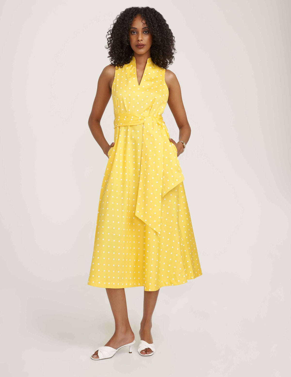 Anne Klein Bright Daffodil/Bright White Cotton Midi Dress with Attached Sash- Sale