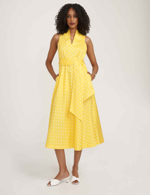 Cotton Midi Dress with Attached Sash Bright Daffodil Bright White Anne Klein Clearance