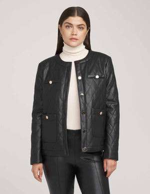 Anne Klein  Petite Collarless Vegan Leather Quilted Jacket- Clearance