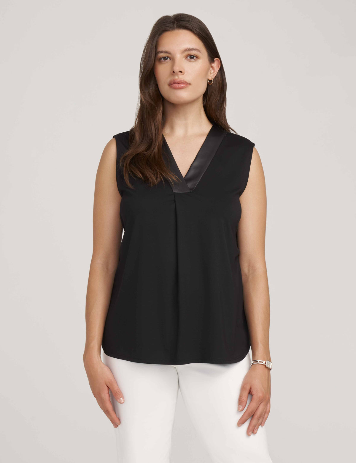 Anne Klein  Easy Pleat Front Top With Faux Leather Trim- Clearance