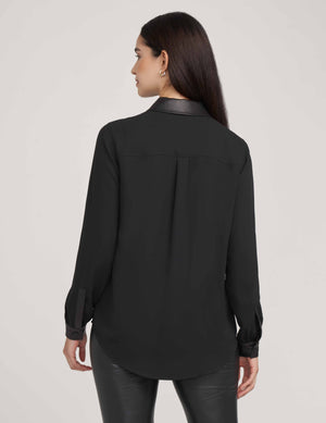 Anne Klein  Long Sleeve Button Down With Vegan Leather- Clearance