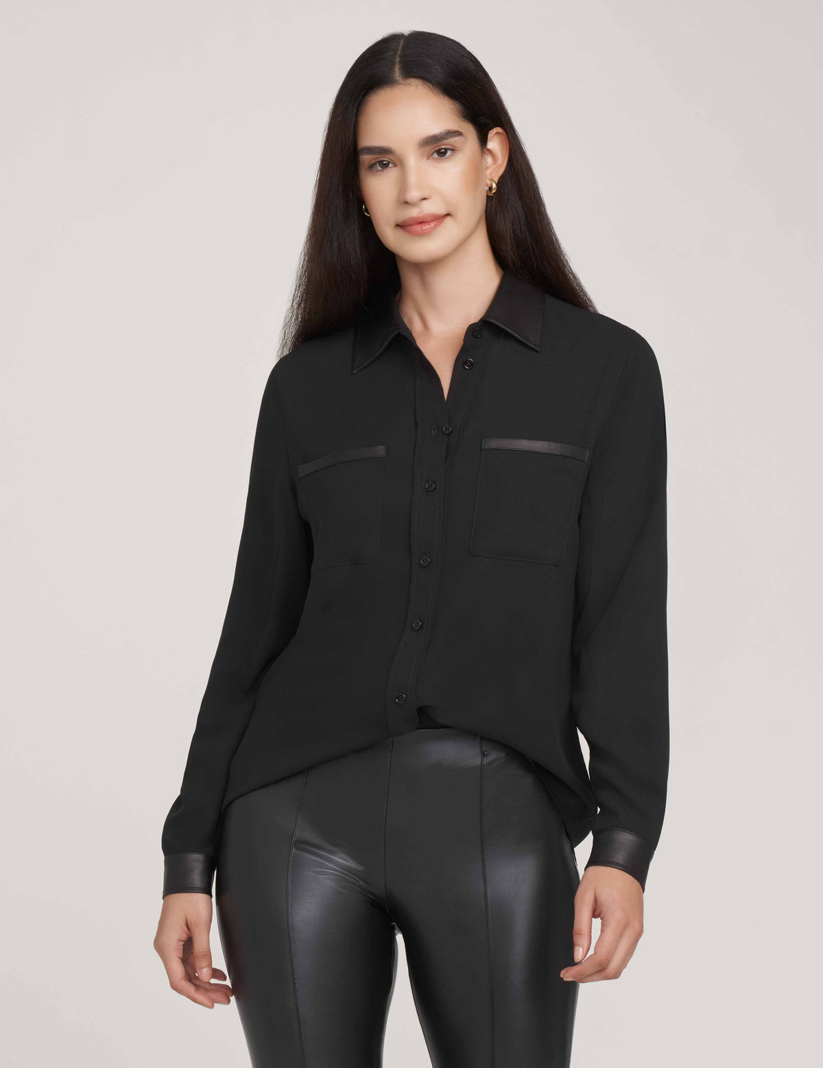 Anne Klein Anne Black Long Sleeve Button Down With Vegan Leather- Clearance