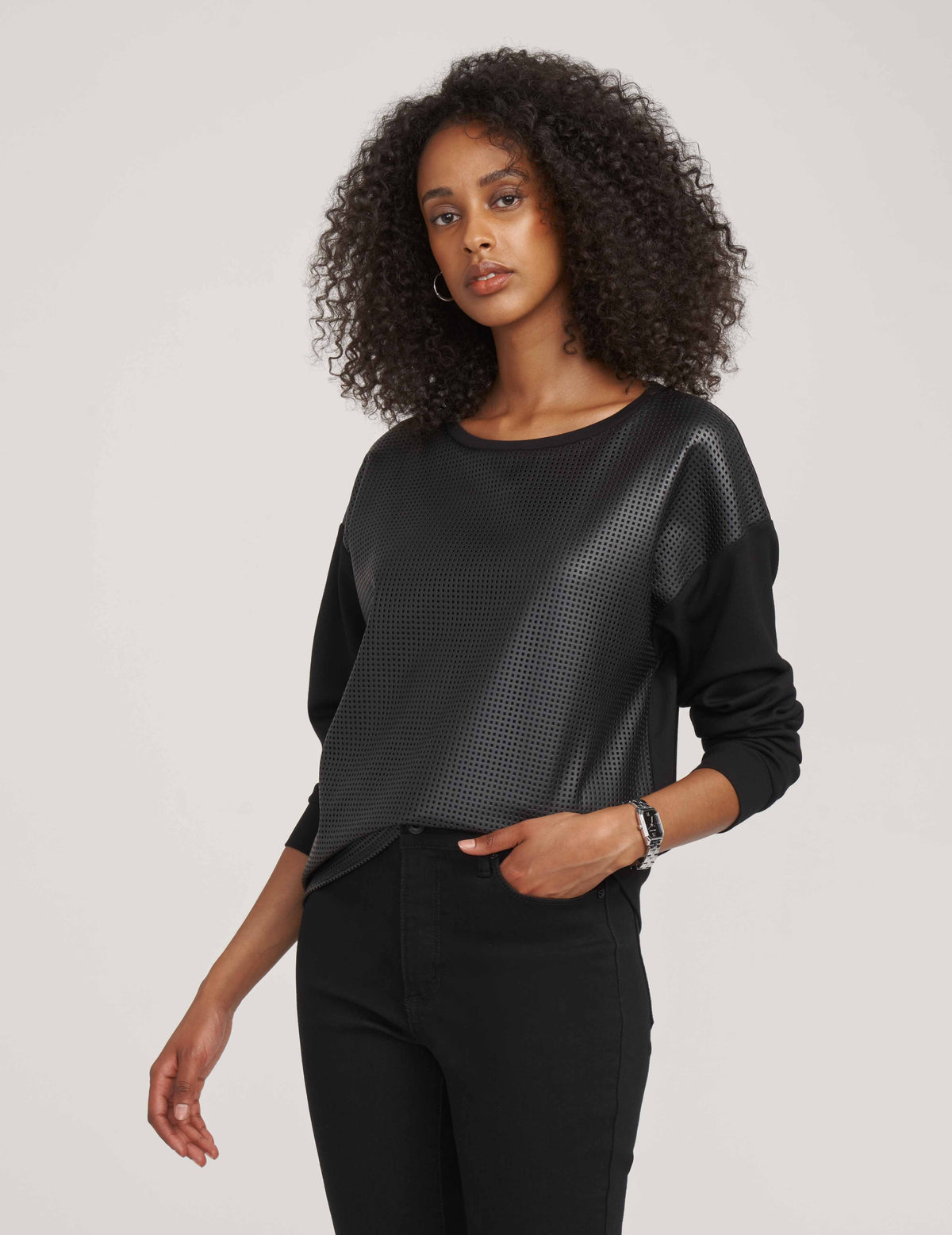 Anne Klein  Long Sleeve Serenity Faux Leather Top- Clearance