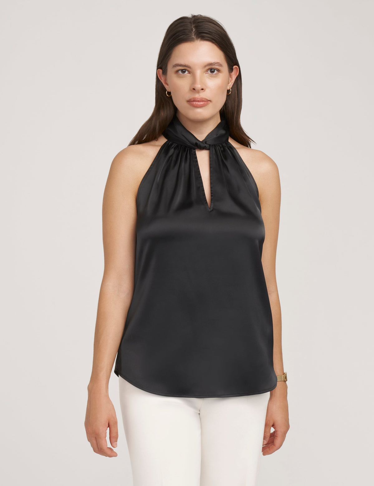 Anne Klein Anne Black Matte Satin Twist Neck Halter Top- Sale