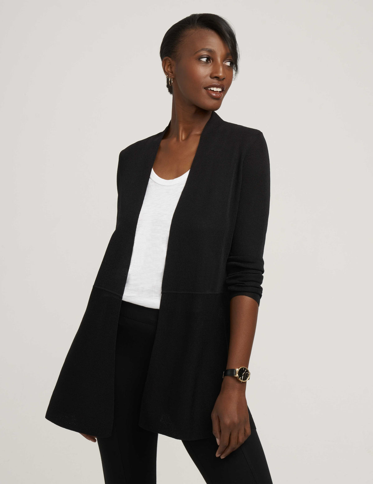 Anne Klein Anne Black Long Cardigan With Waist Seam- Sale