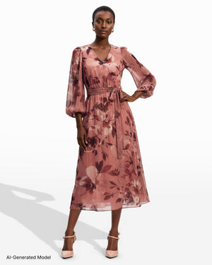 Anne Klein Three Quarter Sleeve Floral Chiffon Midi Dress