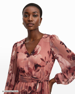 Anne Klein Three Quarter Sleeve Floral Chiffon Midi Dress