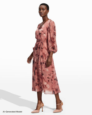 Anne Klein Three Quarter Sleeve Floral Chiffon Midi Dress