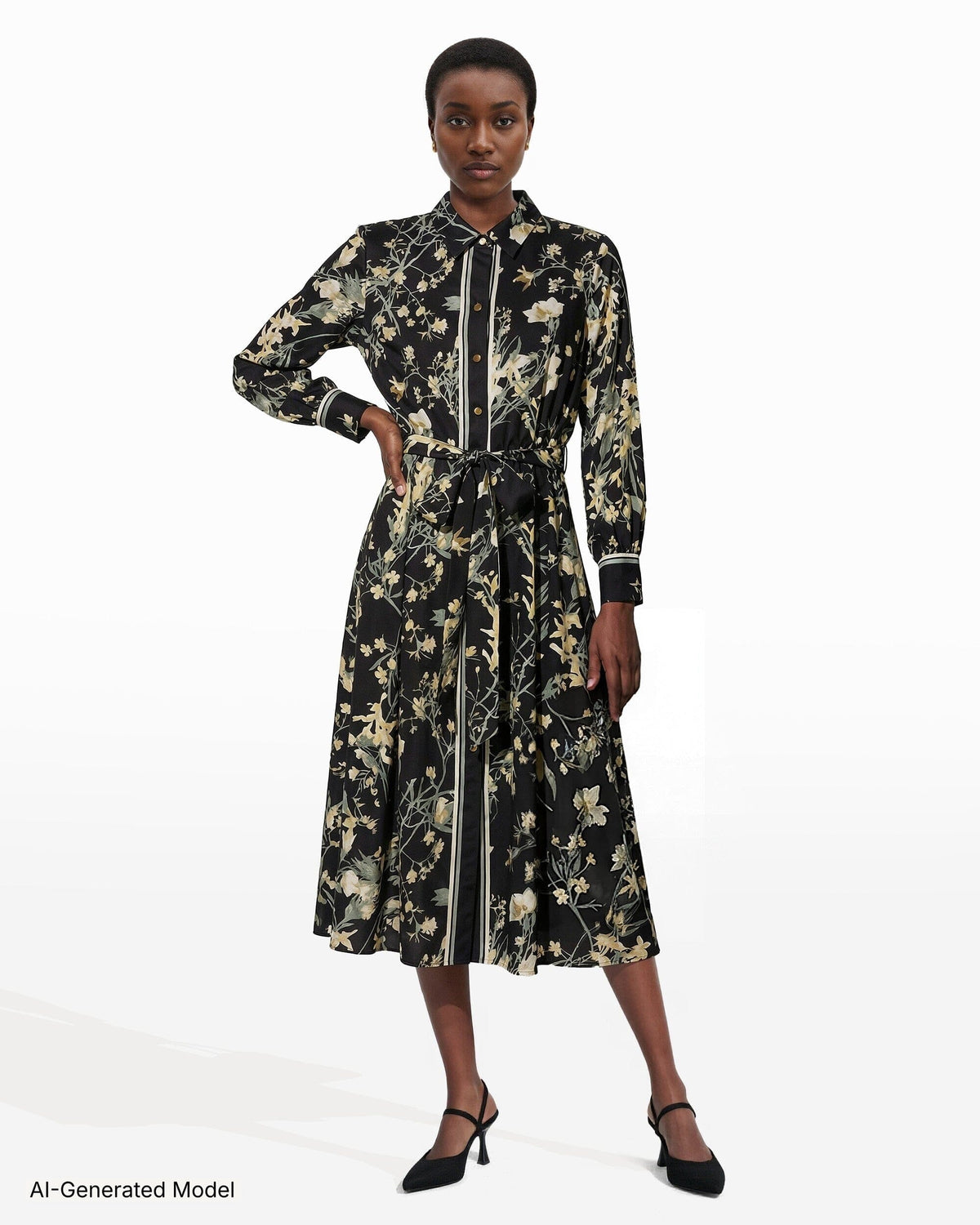 Anne Klein Button-Down Floral Midi Shirt Dress with Tie Belt