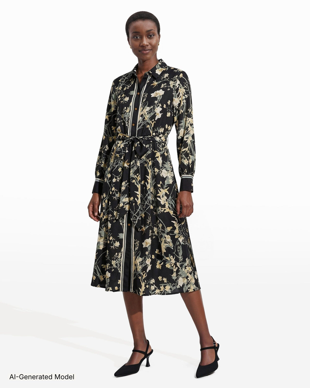 Anne Klein Button-Down Floral Midi Shirt Dress with Tie Belt
