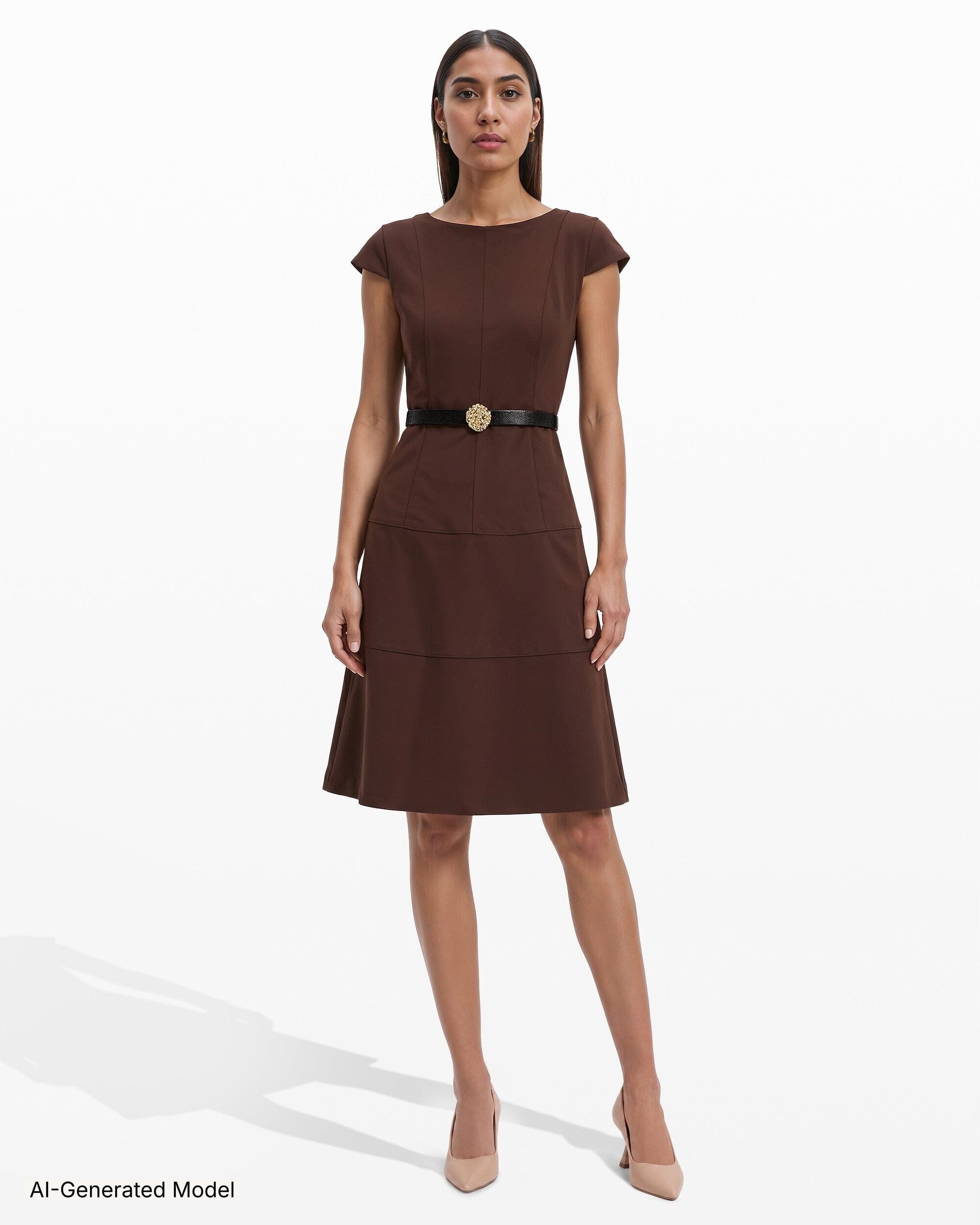 Cap Sleeve Tiered Skirt Belted Crew Neck Dress Dresses Kasper
