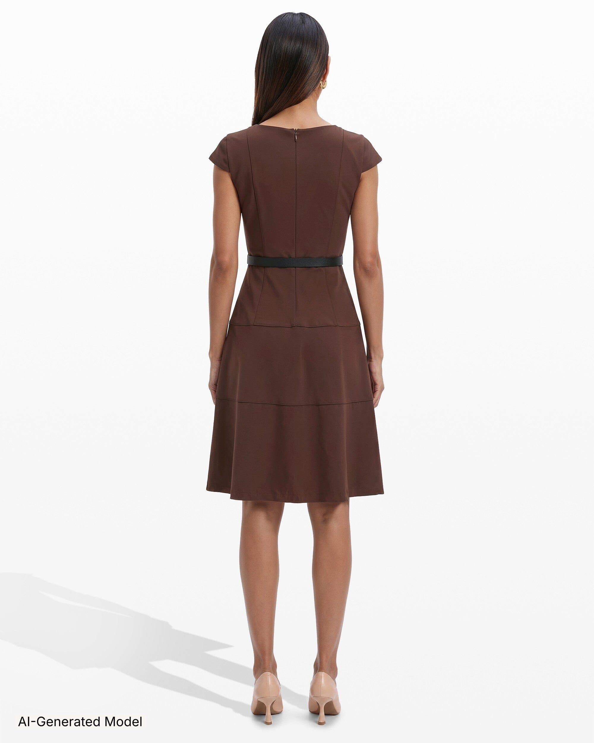 Cap Sleeve Tiered Skirt Belted Crew Neck Dress Dresses Kasper