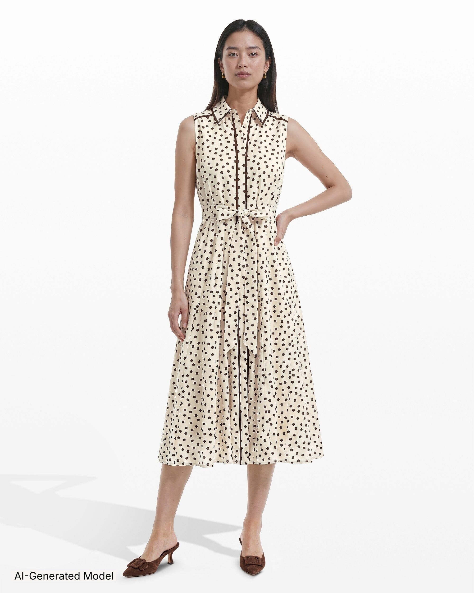 Anne Klein Collared Sleeveless Godet Midi Shirt Dress