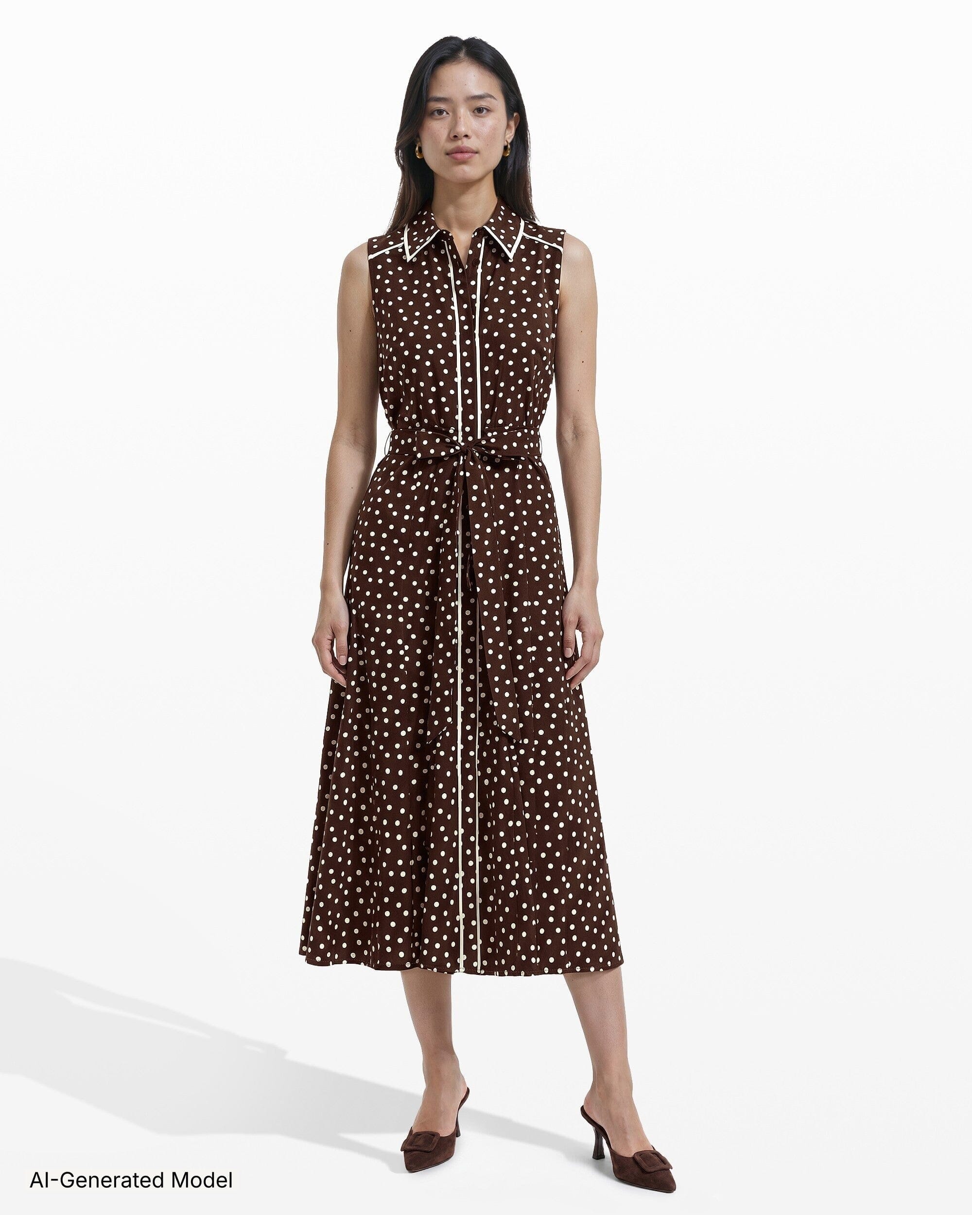 Anne Klein Collared Sleeveless Godet Midi Shirt Dress