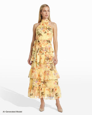 Anne Klein Halter Neckline Tiered Ruffle Maxi Dress in Floral Print