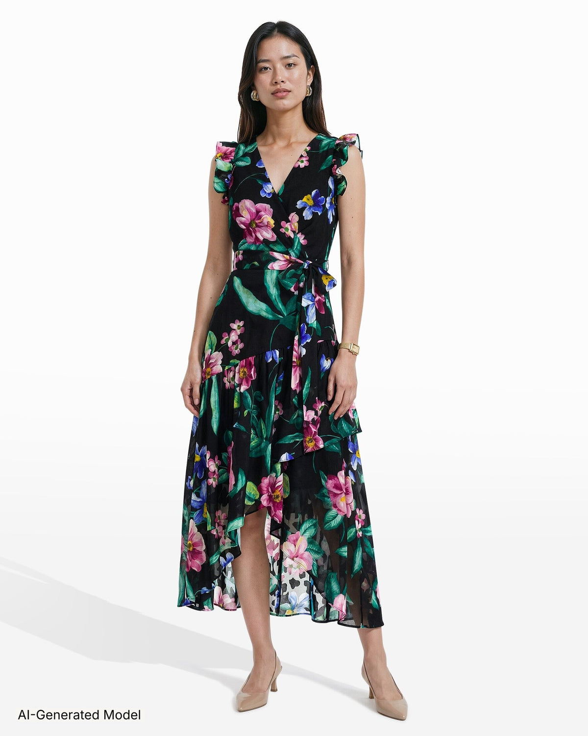 Anne Klein High-Low Hem Wrap Dress with Ruffle Detail Sleeves