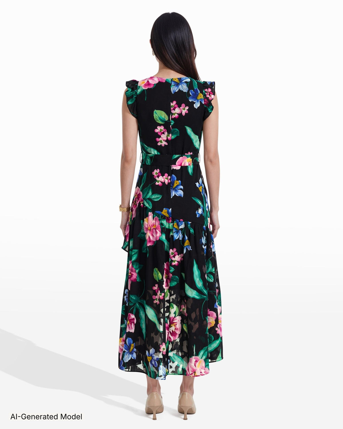 Anne Klein High-Low Hem Wrap Dress with Ruffle Detail Sleeves