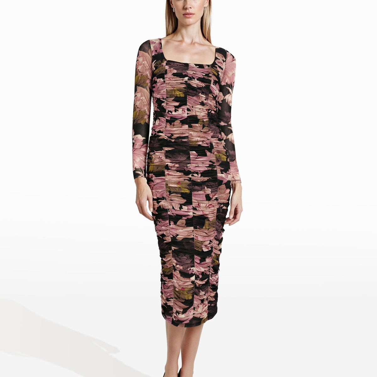 illusion floral ruched midi dress Buy Cider Illusion Floral Ruched Midi Dress Online
