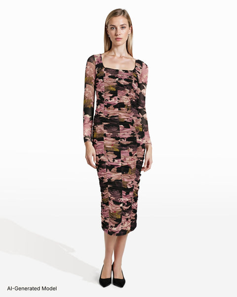 Ruched Floral Midi Dress, Long Sleeve