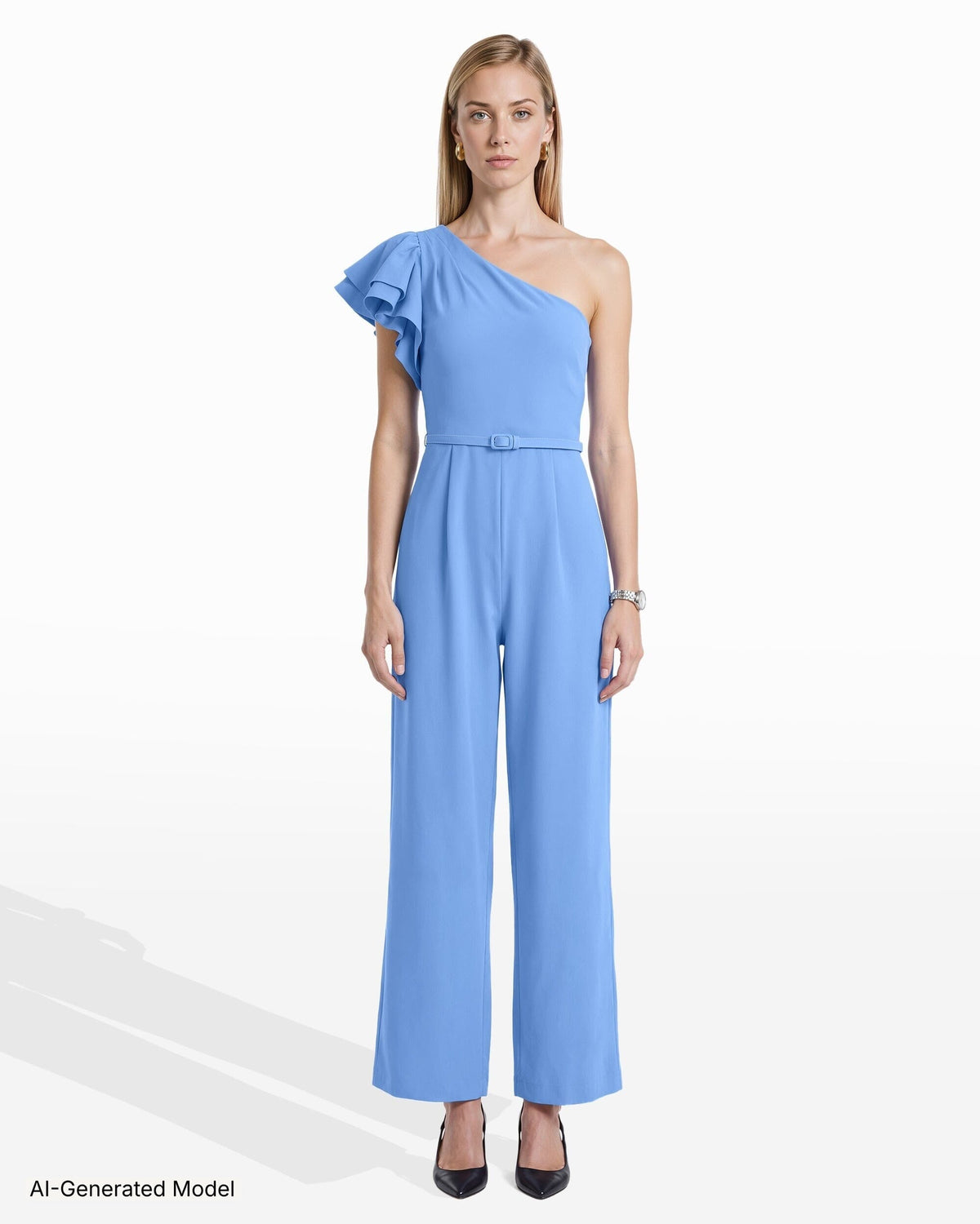 Anne Klein One Shoulder Ruffle Detail Sleeve Jumpsuit