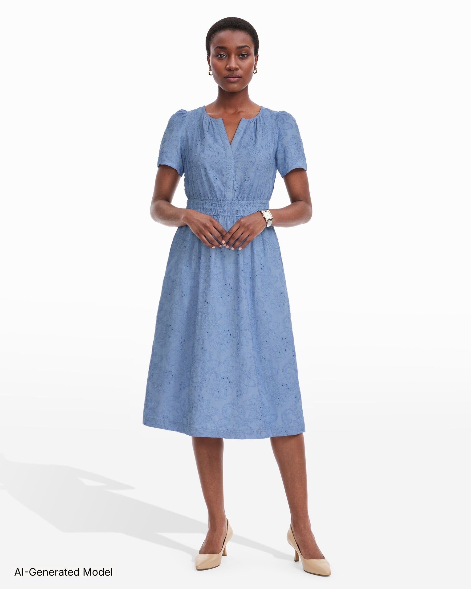 Anne Klein Plus Size Embroidered-Eyelet Short-Sleeve Midi Dress - Surf Blue
