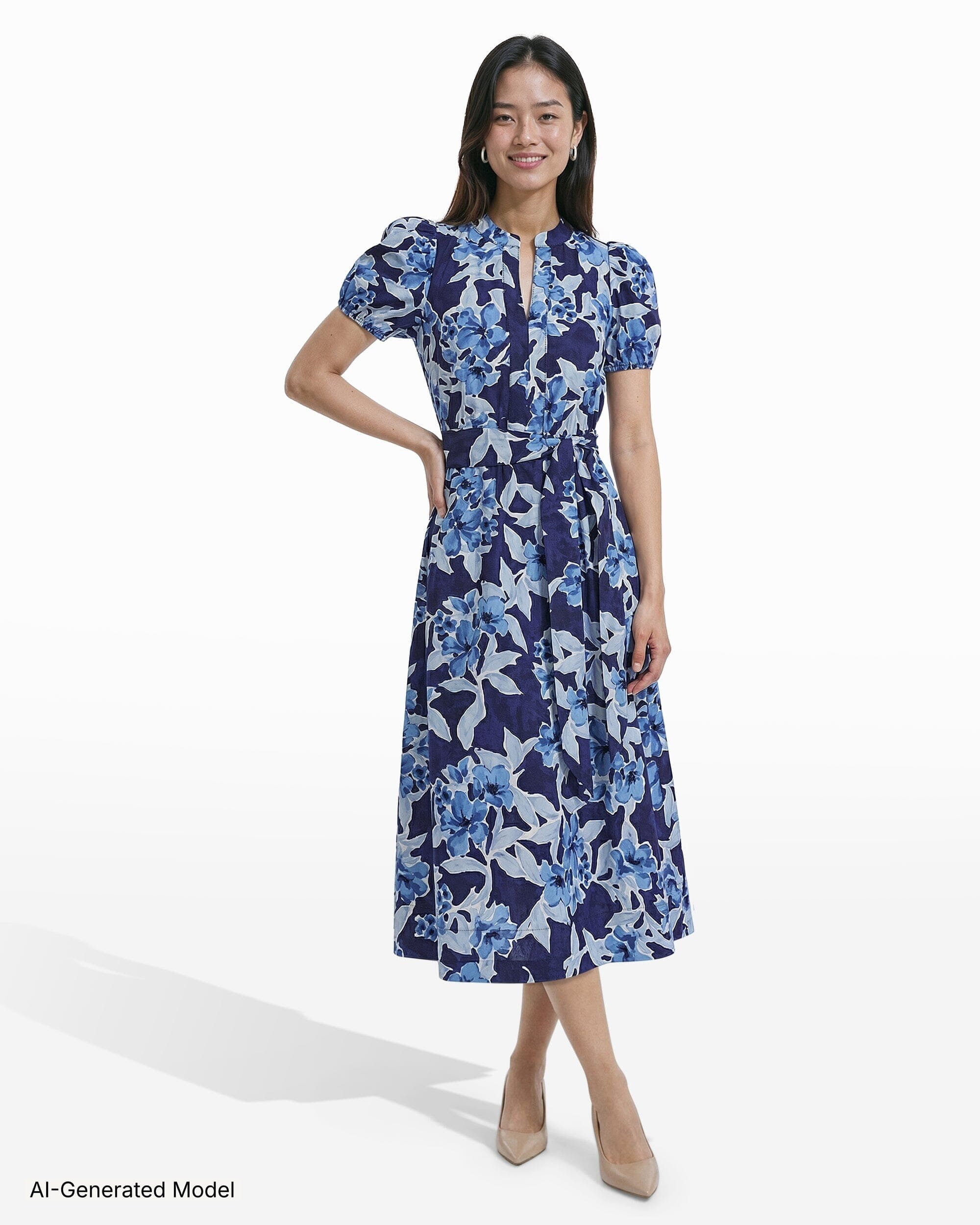 Anne Klein Puff Sleeve Floral Print A-Line Midi Dress
