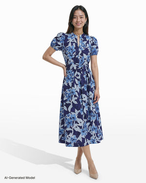 Anne Klein Puff Sleeve Floral Print A-Line Midi Dress