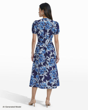 Anne Klein Puff Sleeve Floral Print A-Line Midi Dress