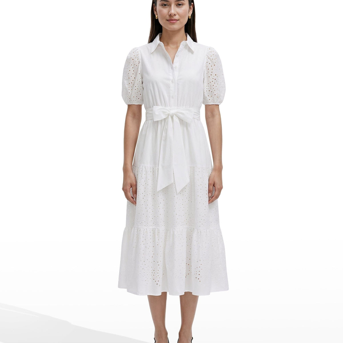 shirt dress loose puff sleeve Bosfbaoi Summer Dresses for Women 2026 Crew Neck Full Button Down Rolled Short Womens Dresses Oversized Maxi with Side bust gathered pleats SMOCKED PUFF-SLEEVE SHIRT DRESS -