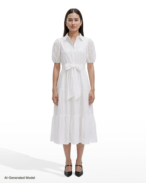 puff sleeve layered dress Anne Klein Women's Puff-Sleeve Midi Eyelet Shirtdress GOLD