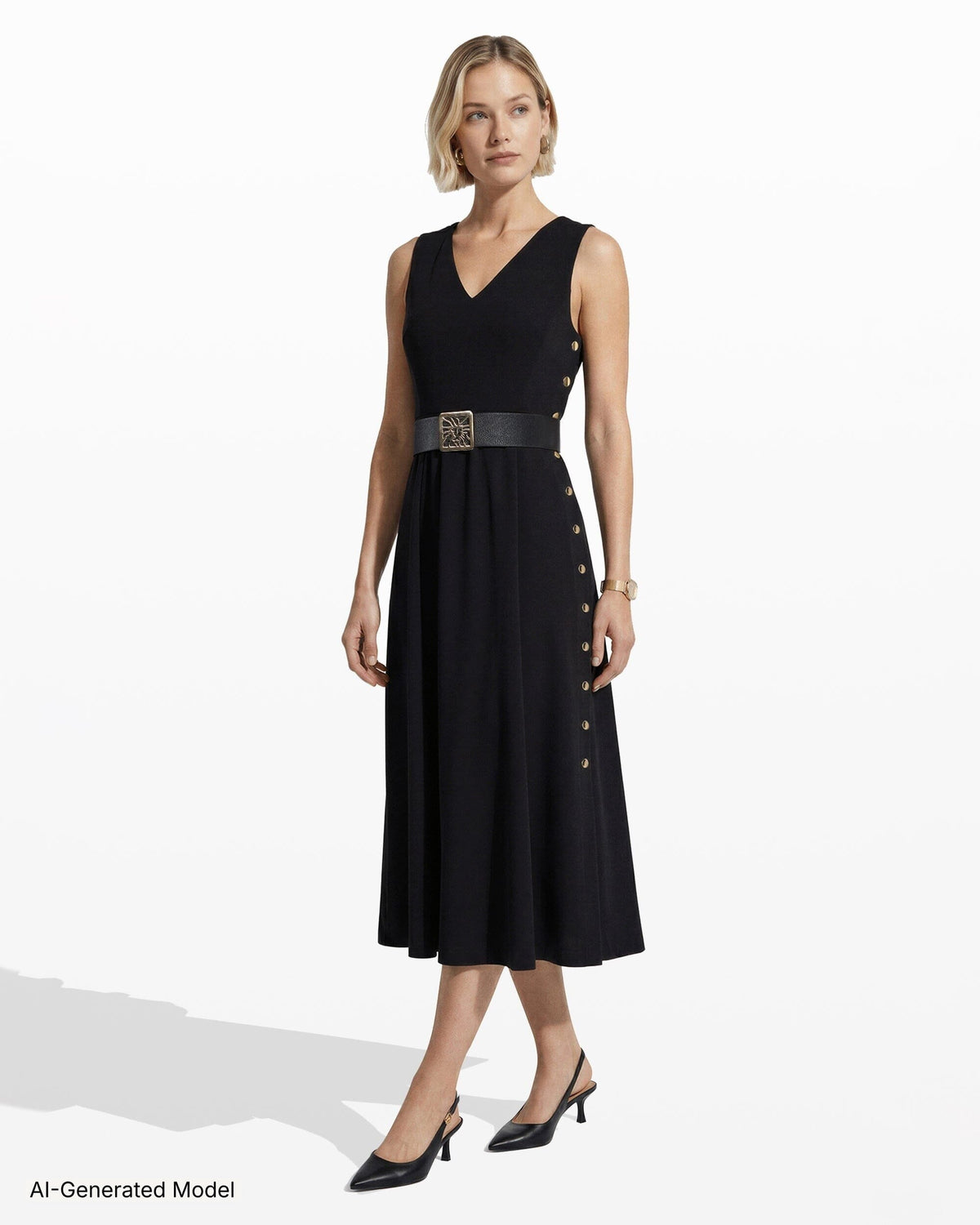 black midi dress gold buttons Black Fitted Knit Dress With Gold Buttons