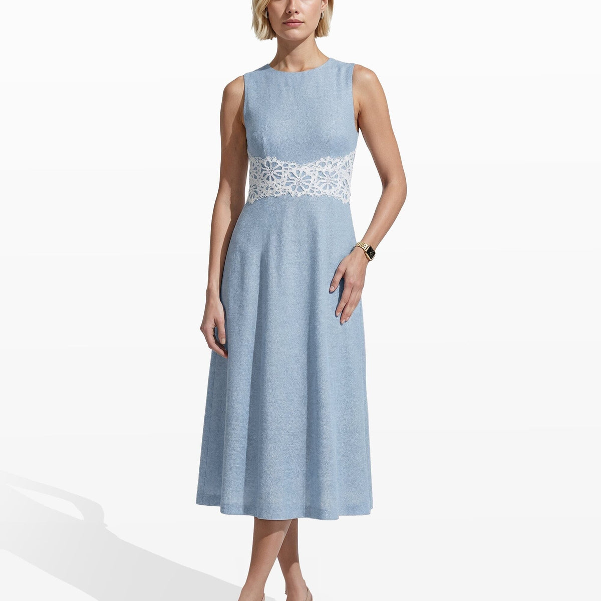 frame lace inset midi dress FRAME Gathered Seam Lace-Inset Linen Midi Dress