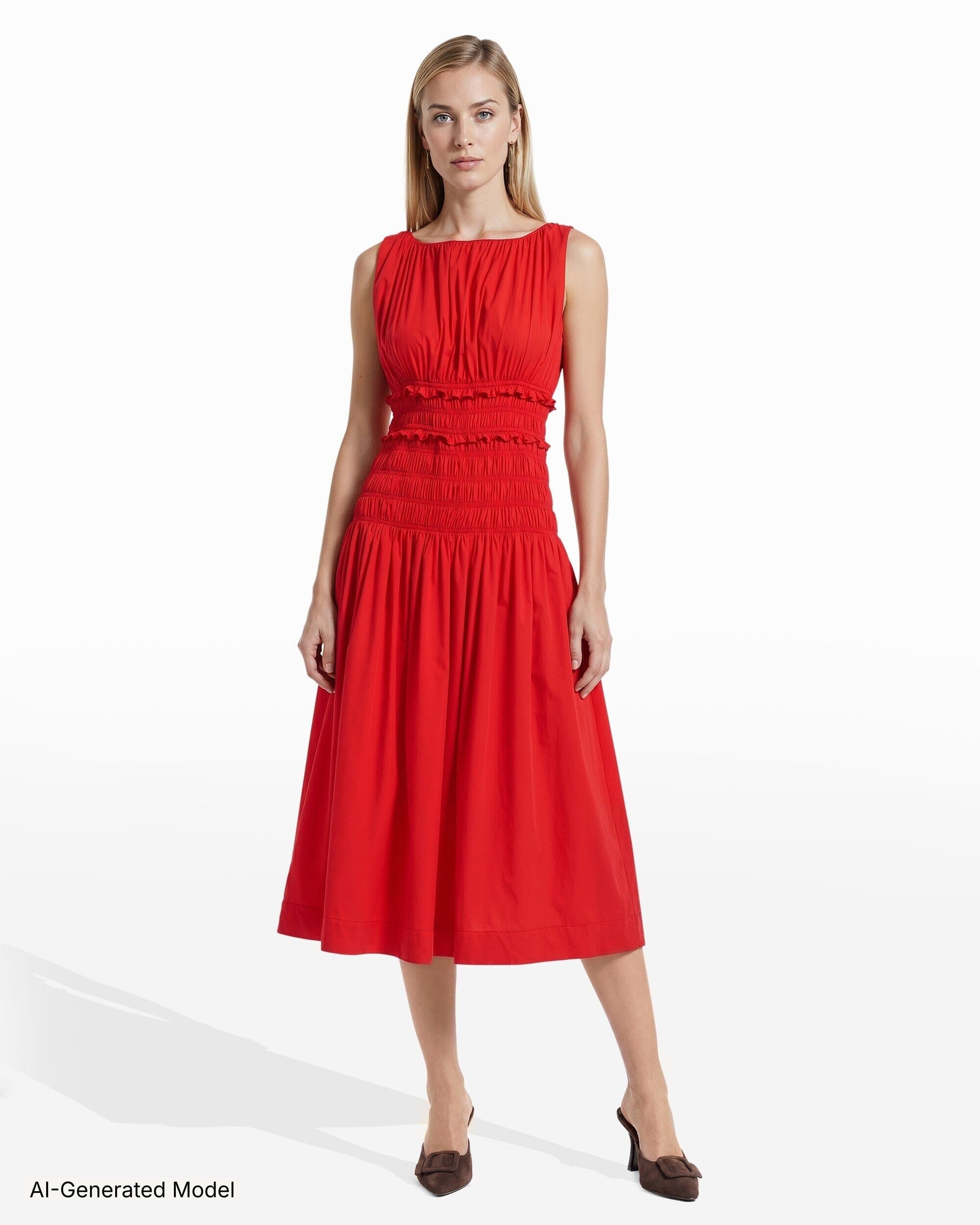 smocked midi dress sleeveless Khaki Striped Smocked Sleeveless Midi Dress