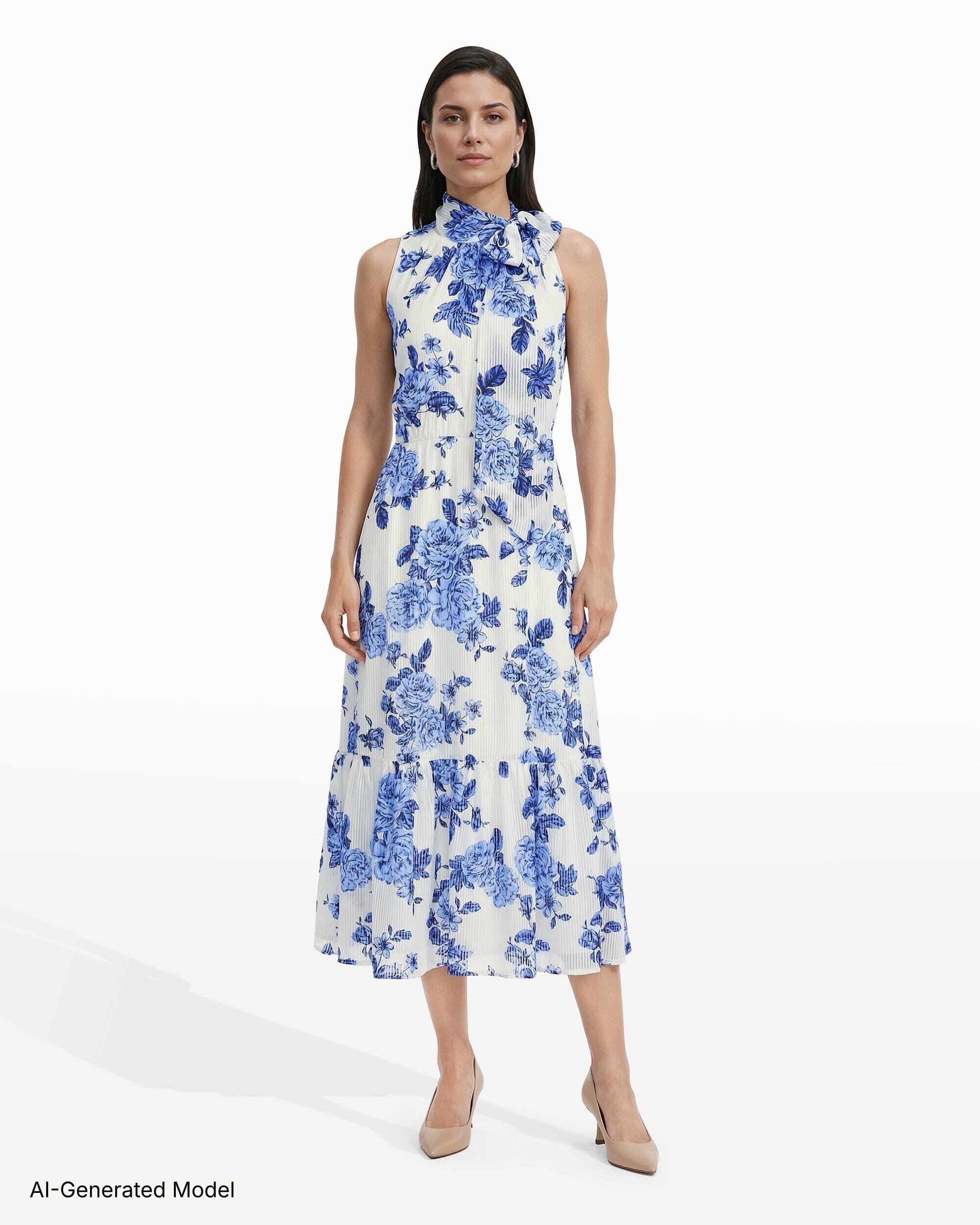 anne klein blue and white dress Tied Mock Neck Tiered Midi Wrap dress