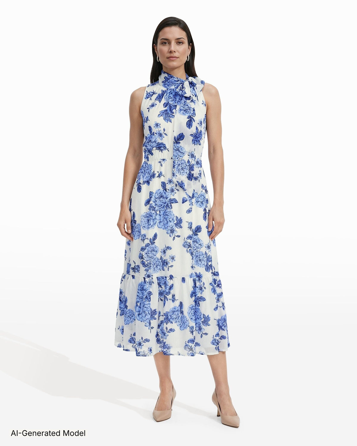 Anne Klein Tie Neck Tiered Construction Midi Length Dress