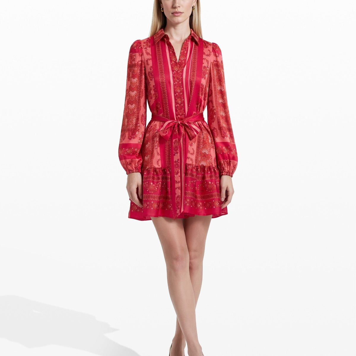 long sleeve t shirt dress red Anne Klein Twill Tiered Skirt Dress, Womens, 4, Grenadine Multi Royal Blue Rococo Ball PRICEPOINTFALL26 Round neckline Dress Size:14