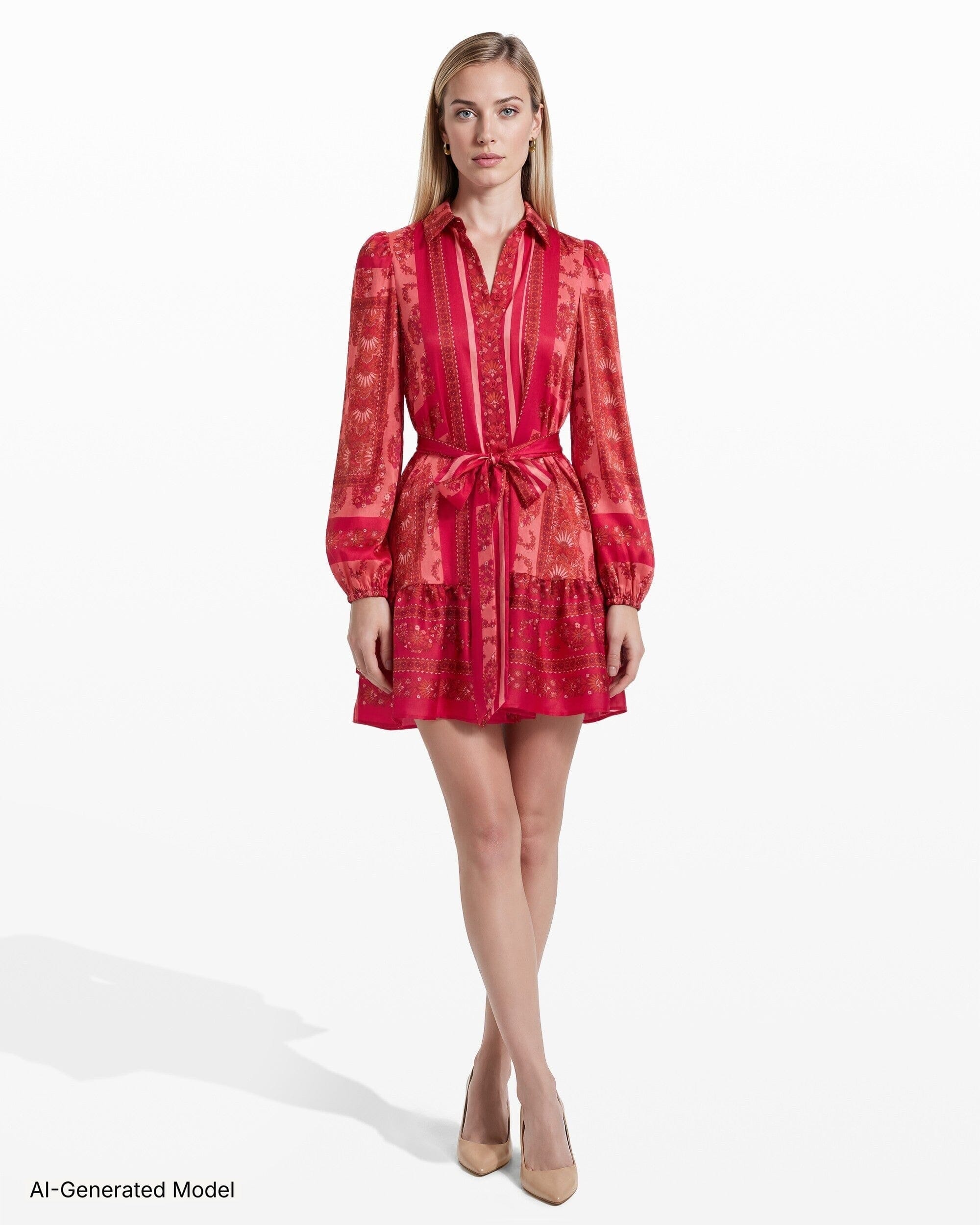 Tiered Collared Button-Front Long Sleeve Shirt Dress Dresses Kasper