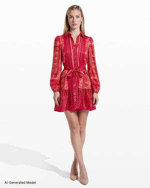 Anne Klein Twill Long Sleeve Tiered Skirt Shirt Dress, Womens, 4, Grenadine Multi