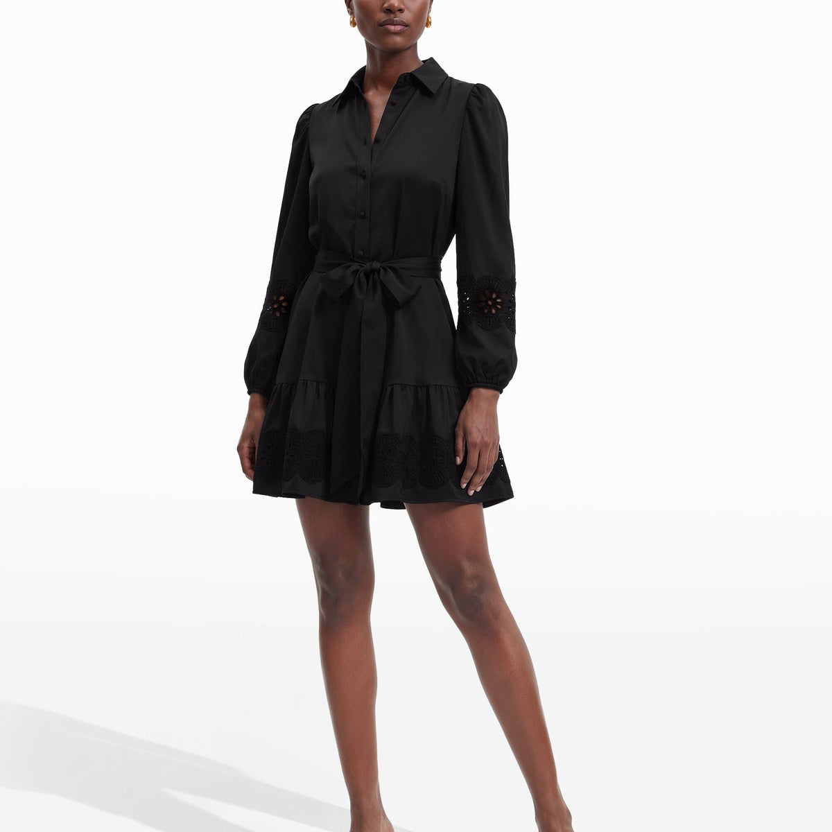 black dress with buttons down the front Anne Klein Women's Tiered Belted Shirtdress - Anne ecomm-model:ash Shop Summer A Line ensuring your comfort all Size:Us Size 8