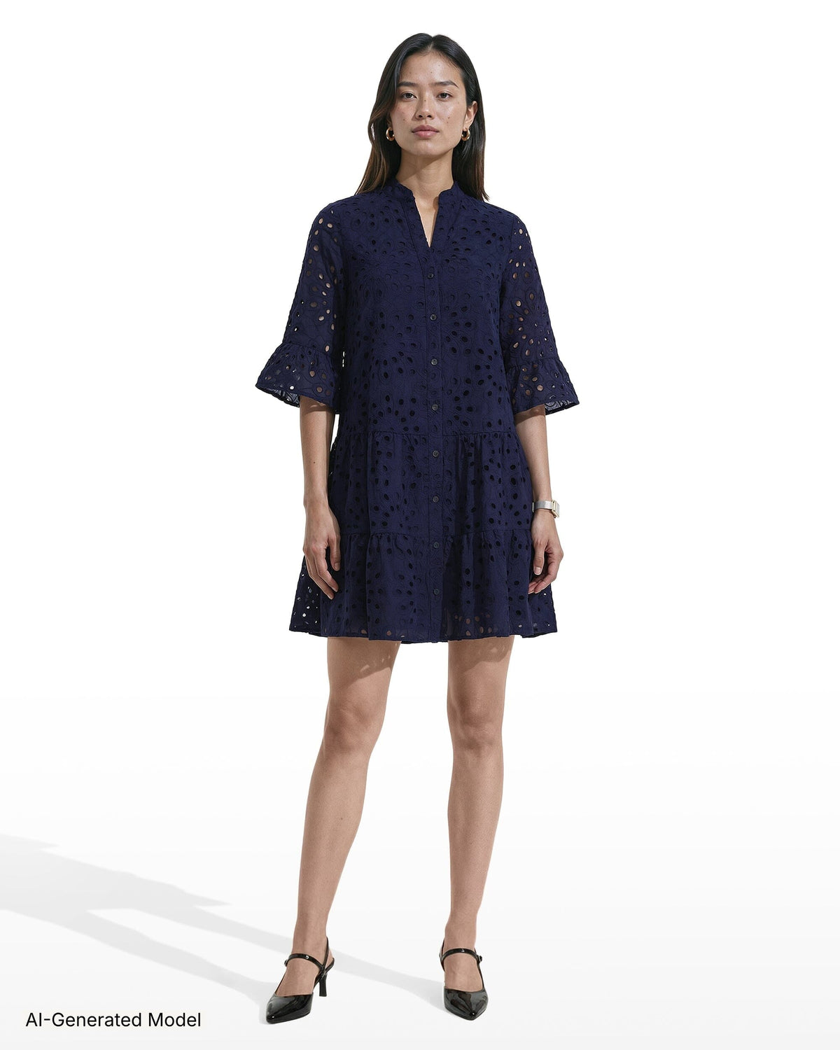 Anne Klein Tiered Shirt Dress with Stand Collar
