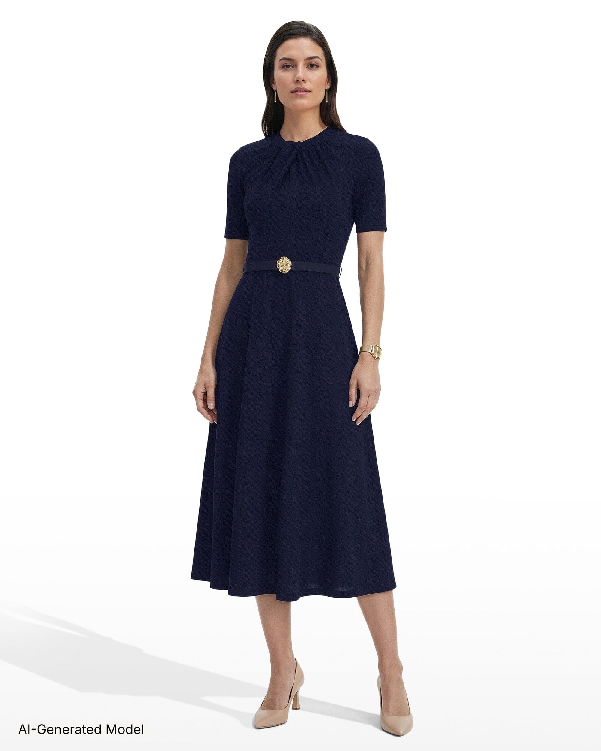 Anne Klein Twist Detail Neck Midi Length Fit and Flare Dress