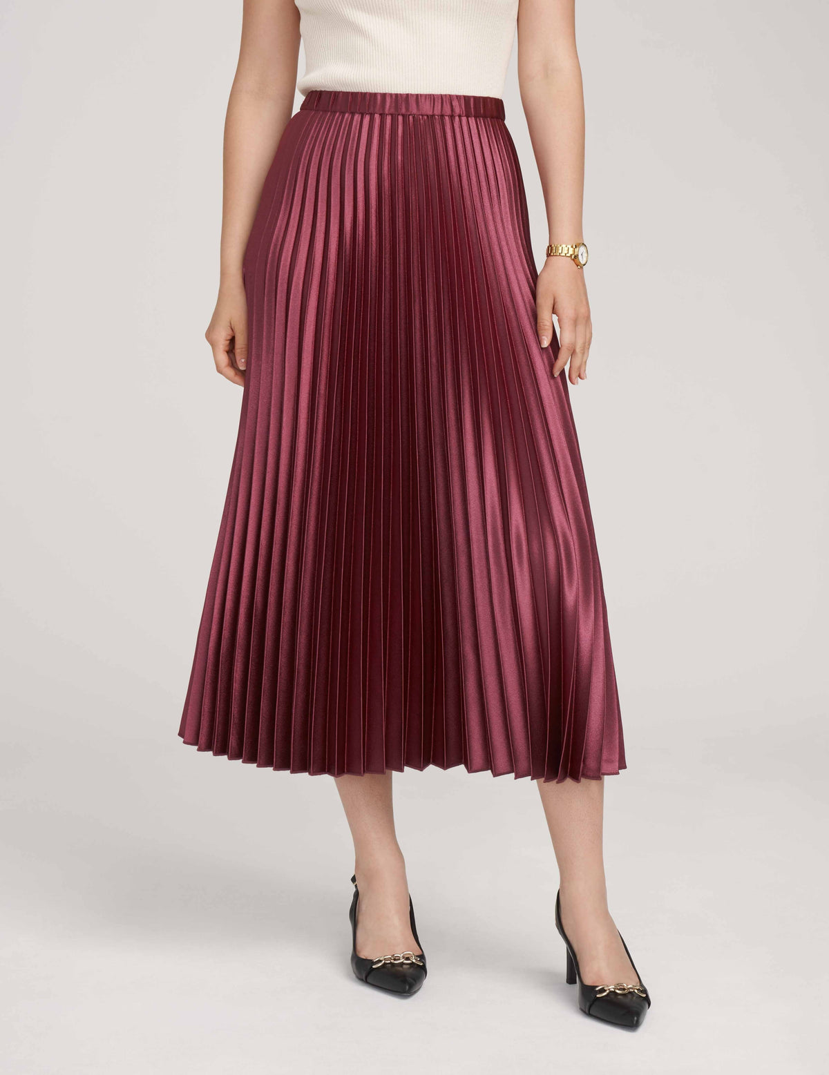 Anne Klein  Pull On Pleated Skirt Satin Crepe- Sale