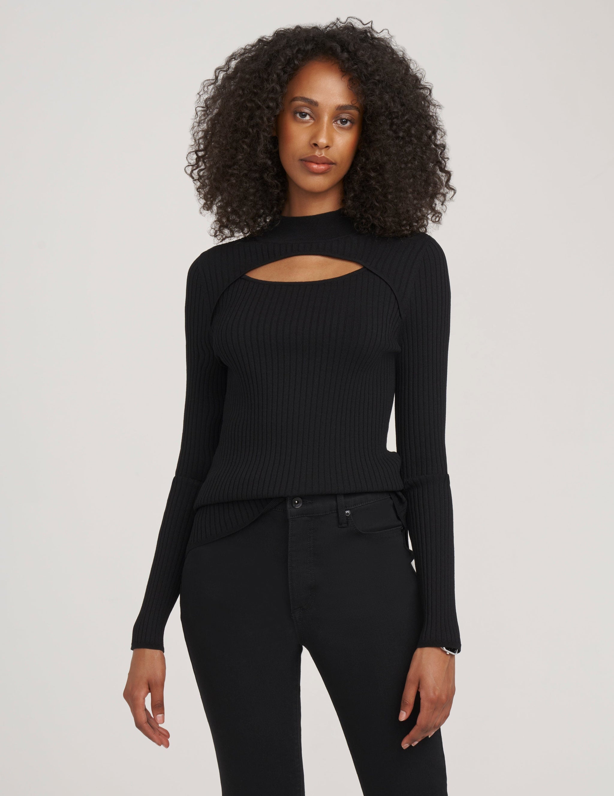 Ribbed Mock Neck Cutout Sweater