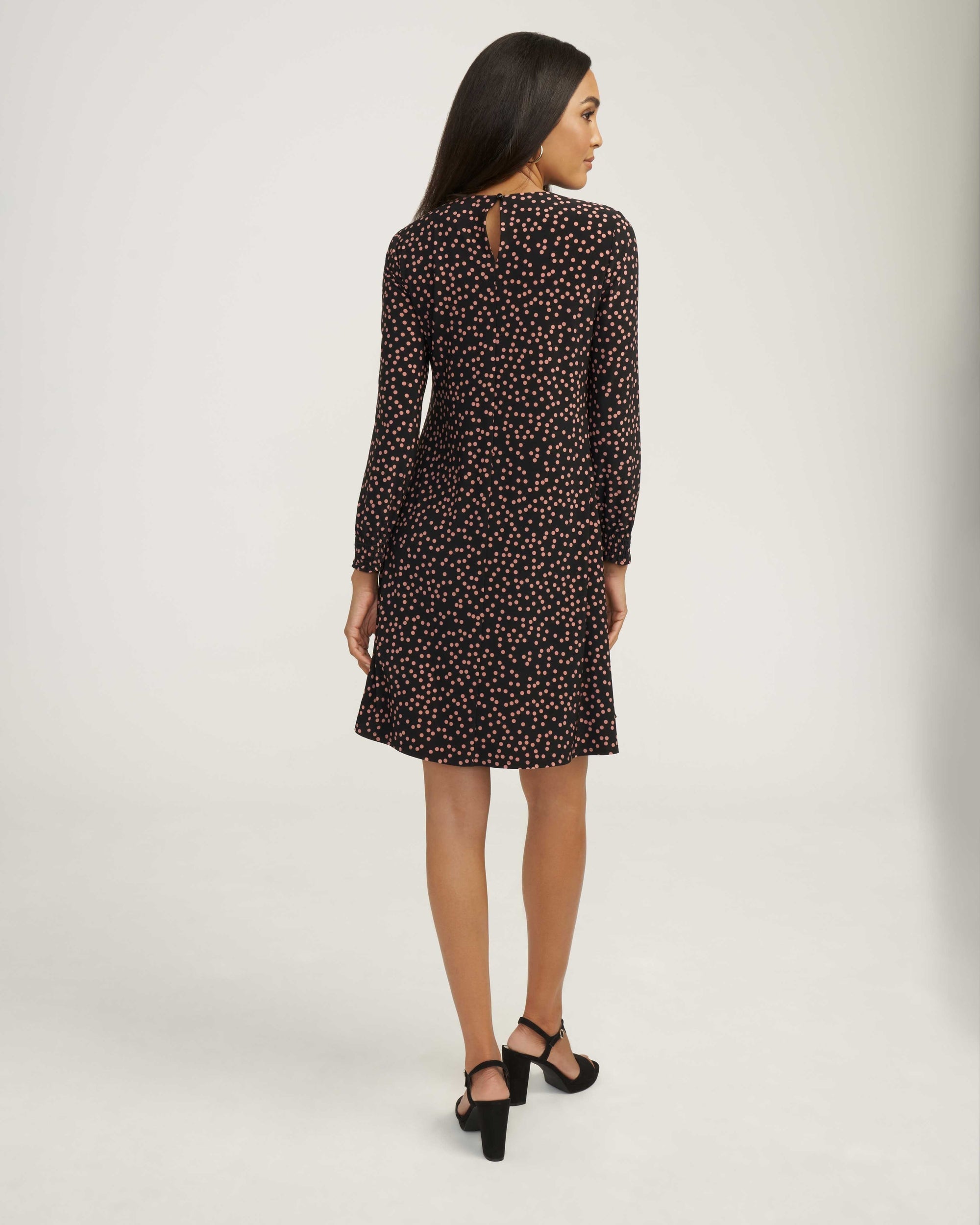 Scattered Dot Printed Smocked Sleeve Shift Dress Black Anise Anne Klein Clearance