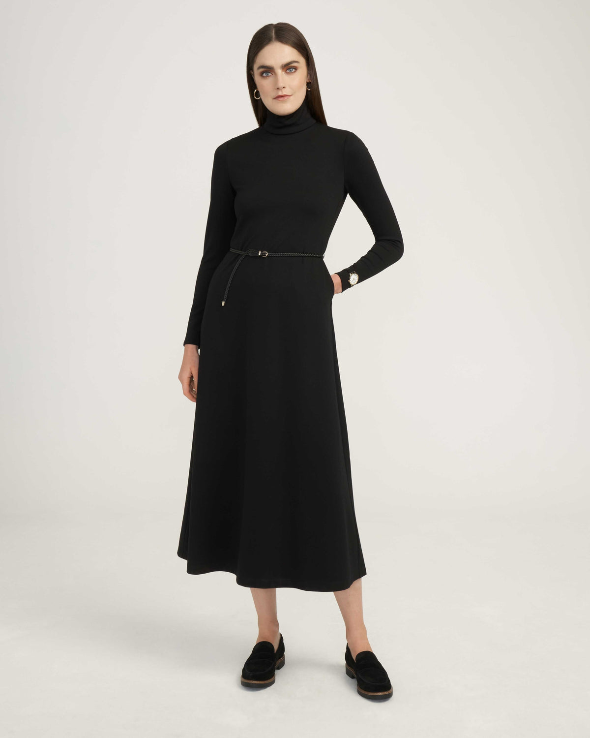 Anne Klein Anne Black Belted Serenity Knit Midi Dress- Clearance