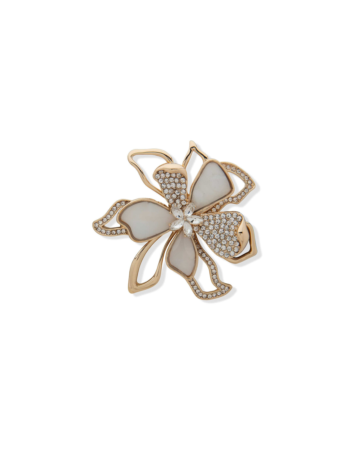 Anne Klein Gold-Tone Crystal & Mother of Pearl Flower Brooch