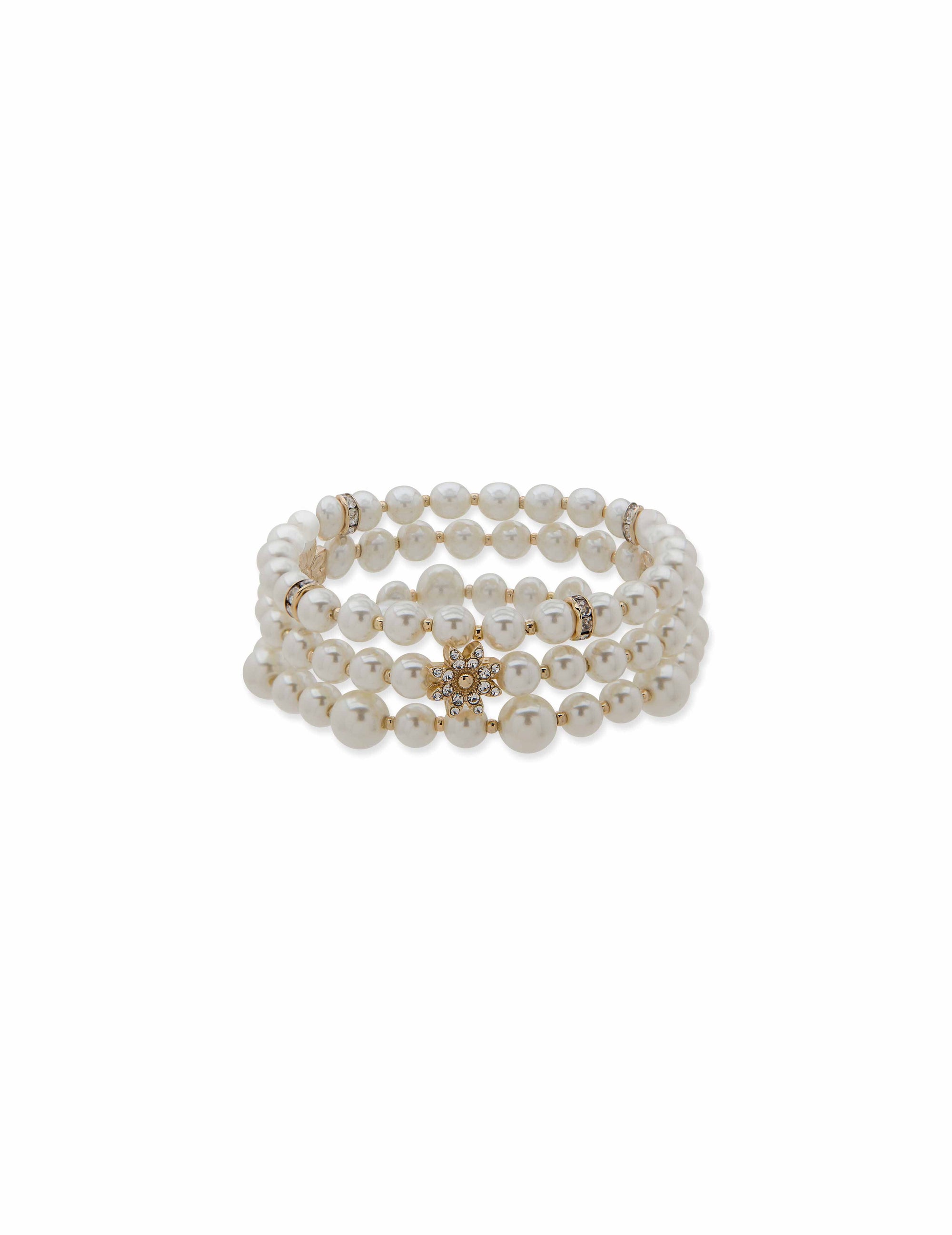 Anne Klein Gold-Tone Faux Pearl & Flower 3 Piece Bracelet Set