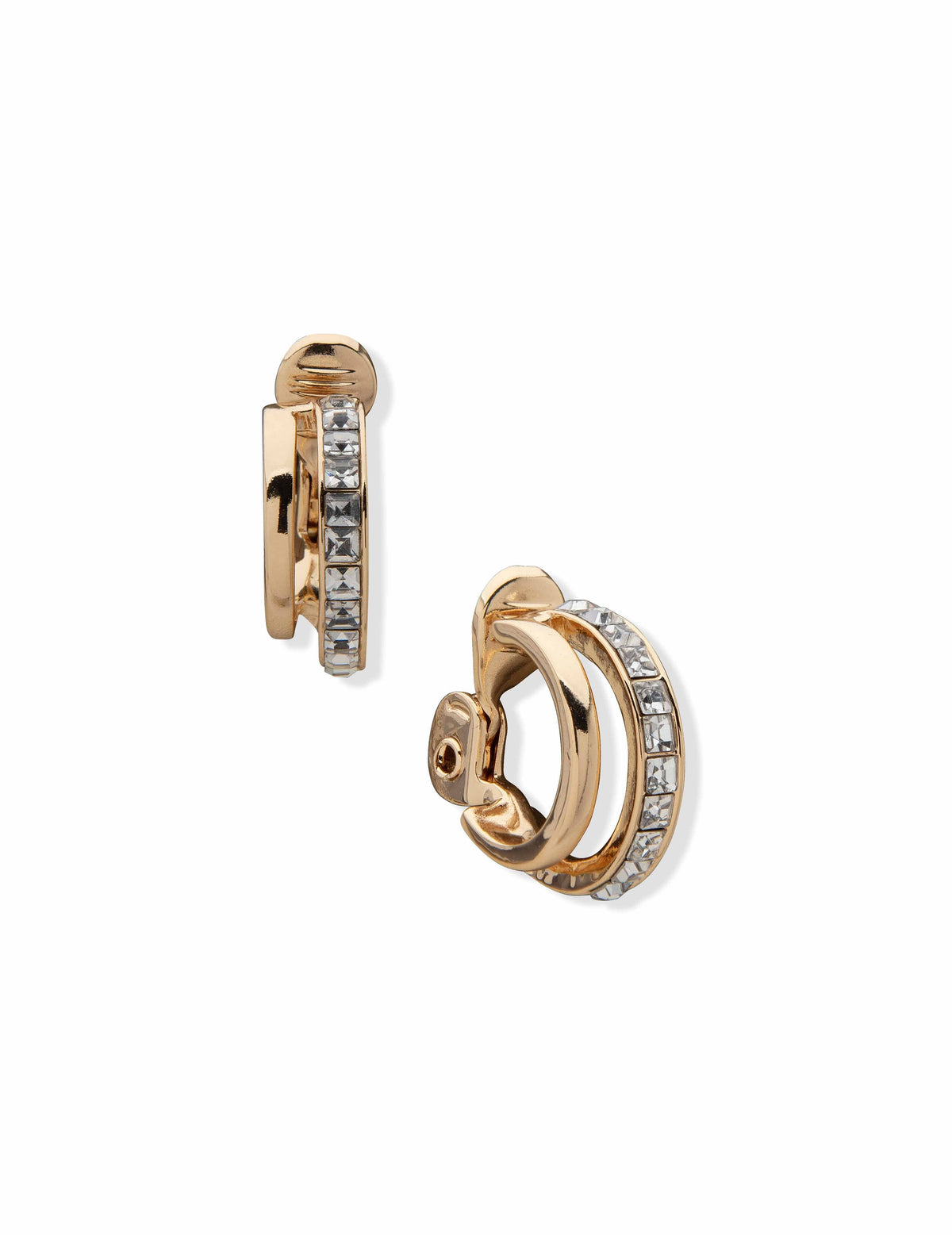 Anne Klein Gold-Tone Crystal Double Hoop Clip Earrings