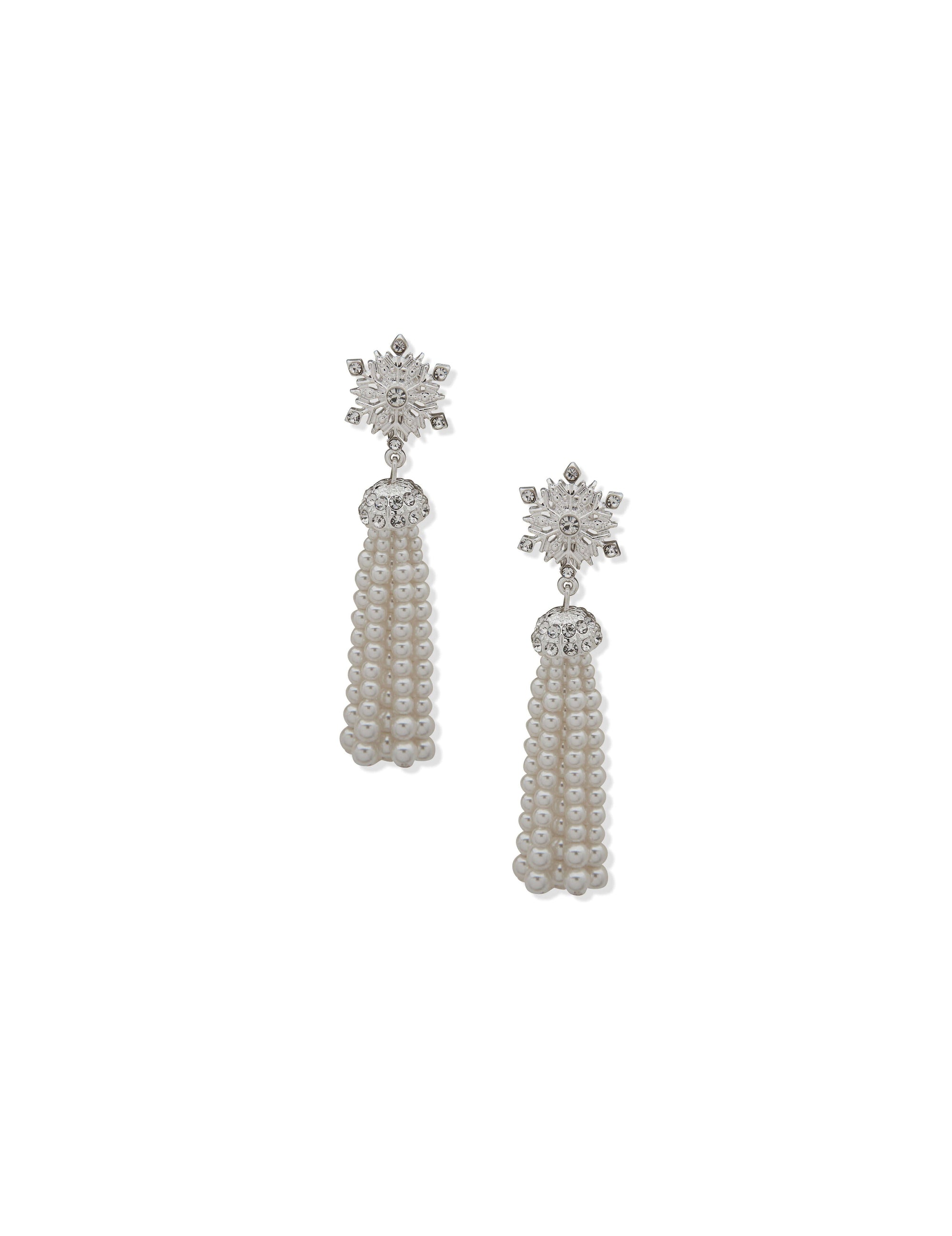 Anne Klein Silver Tone Snowflake Linear Pierced Earring with Faux Pearl Tassel