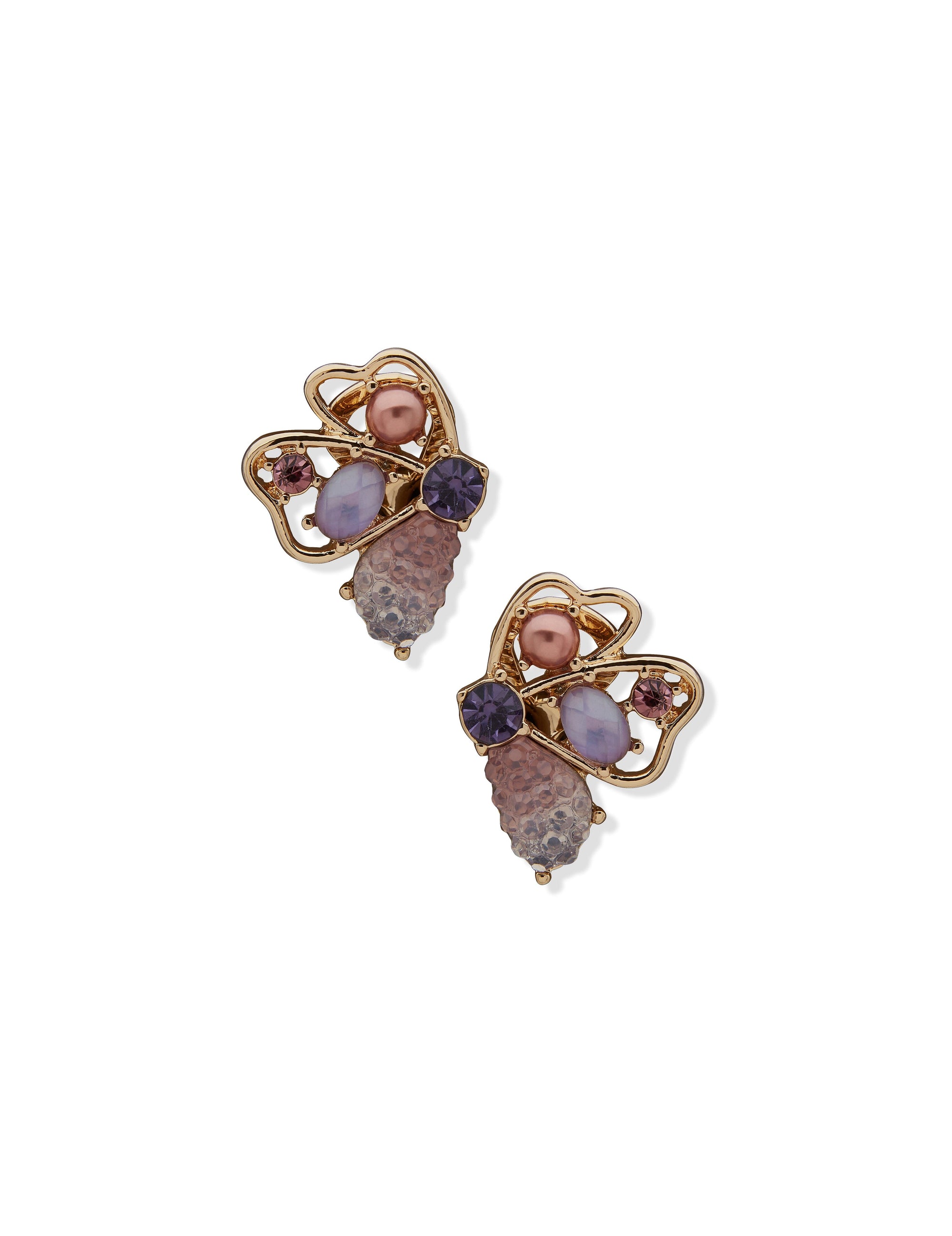Anne Klein Gold Tone Purple Multi-Stone Flower Clip Earrings